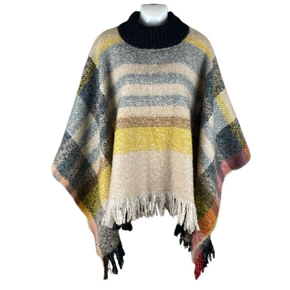 Spring Colors Plaid Fringe Trim Poncho - Picture 1 of 9